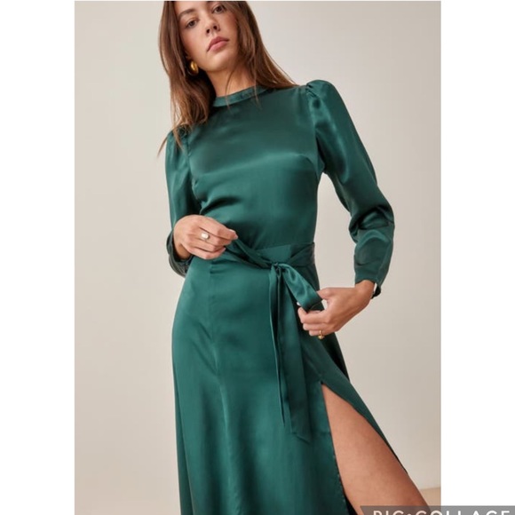 NEW !! Reformation Julius Silk long sleeve Dress - Forest - Picture 2 of 11